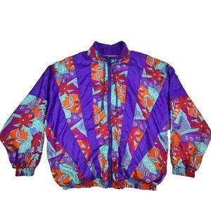 Vintage 80s Womens Track Jacket Medium Purple Colorful Windbreaker Floral Stripe
